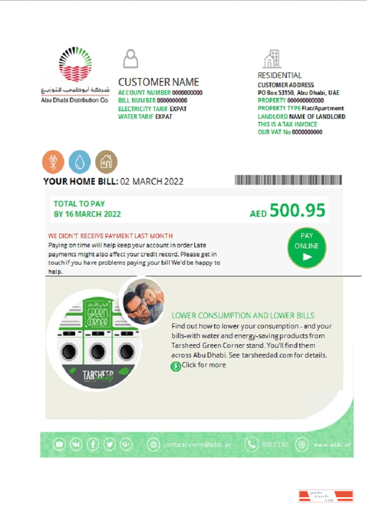 UAE Abu Dhabi Distribution Co. utility bill template in Word and PDF format